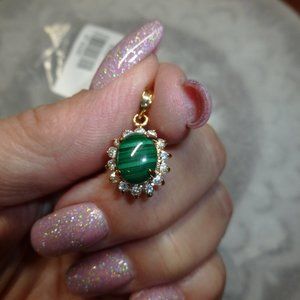 18K Gold Electroplate Malachite Swarovski Crystals Pendant